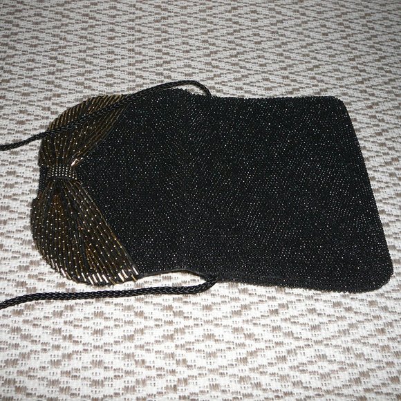 Vintage Black Beaded Evening Bag Gold Bow Holiday - Picture 5 of 9